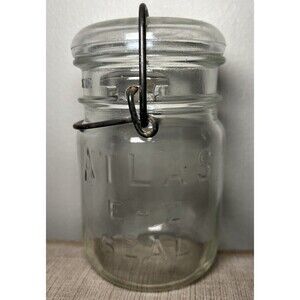 Vintage ATLAS E-Z SEAL Canning Mason Pint Jar Clear Glass Wire Bale Glass Cap